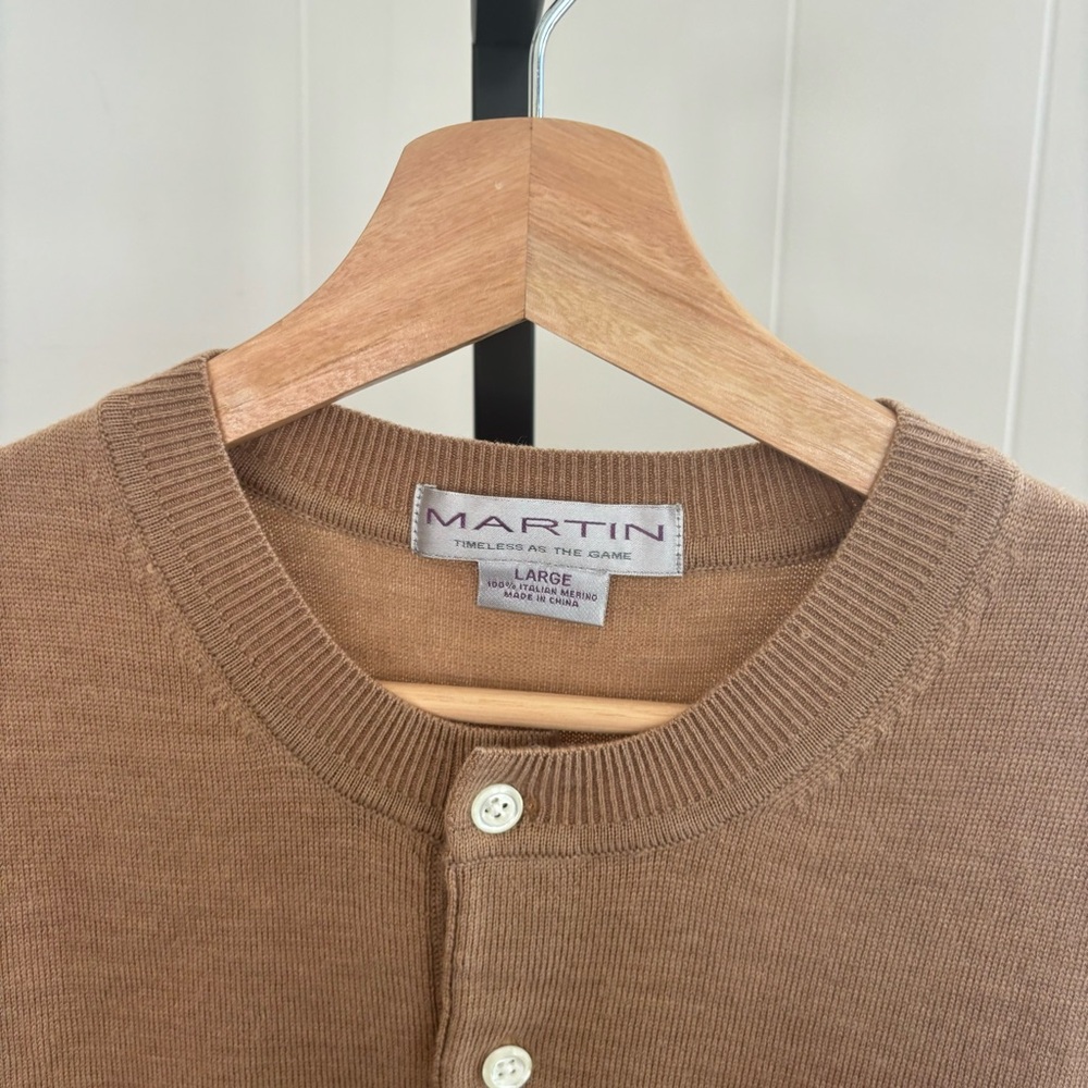 MARTIN Tan Italian Merino Wool Henley Preppy Golf Vest Mens L Hazeltine National